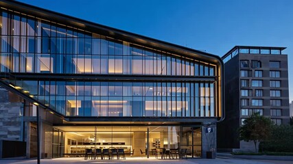 Modern architectural design featuring glass facade and structural steel construction at twilight in a residential area building