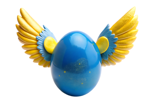 blue and yellow easter egg with wings on transparent background - Powered by Adobe