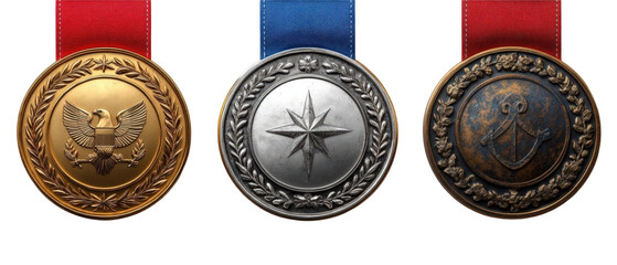 Three distinct medals showcasing a gold, silver, and bronze design with vibrant ribbons
