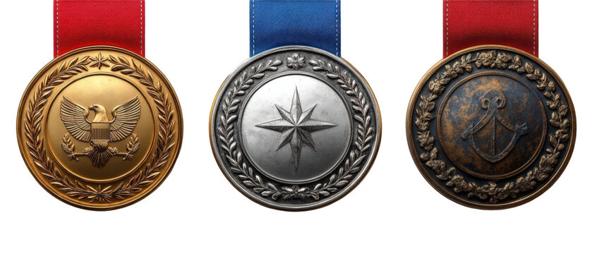 Three distinct medals showcasing a gold, silver, and bronze design with vibrant ribbons