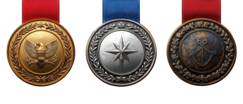 Three distinct medals showcasing a gold, silver, and bronze design with vibrant ribbons
