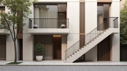 Fototapeta premium Modern townhouse building framed by a tall tree in the foreground highlighting the fusion of nature and urban living in a beautiful european neighborhood setting for residents