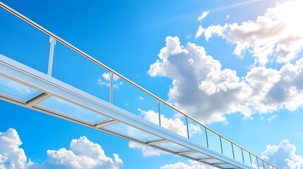 Sleek Modern Bridge Against a Bright Blue Sky with Fluffy White Clouds