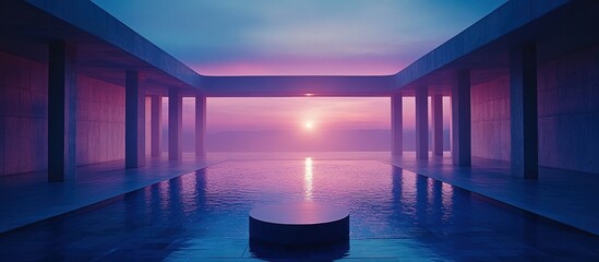 A tranquil modern architectural scene featuring calm water and sunset hues