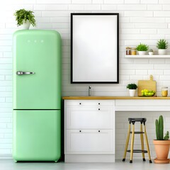 Modern Minimalist Kitchen Interior Featuring A Retro Green Fridge And Stylish Decor Elements