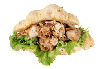 Croissant stuffed with grilled chicken meat isolated on white background. Croissant sandwich.
