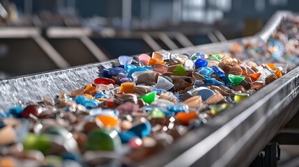 Vibrant Collection of Recycled Glass Pieces Moving Along Conveyor Belt in Industrial Facility