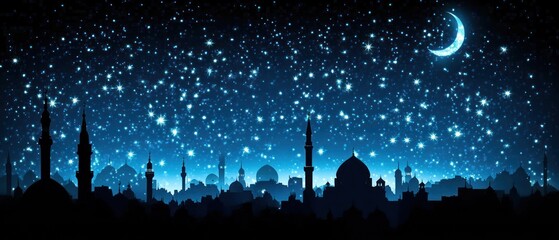 A beautiful cityscape silhouette under a vibrant starry night sky