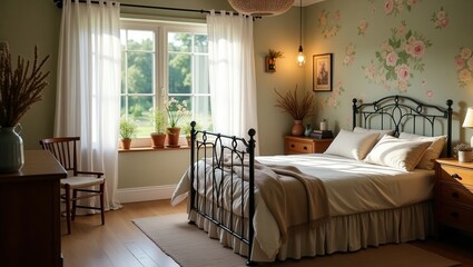 A cozy bedroom with a wrought iron bed, white linens, a wooden wardrobe with a mirror, and dried flowers. Natural light flows through sheer curtains, revealing potted plants and a green landscape