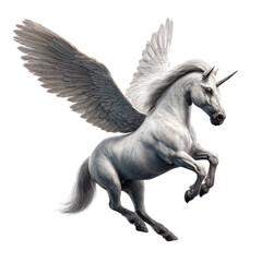 Fototapeta premium Majestic white unicorn pegasus rearing up on a transparent background Fantasy concept of mythical creature, magic, and ethereal beauty