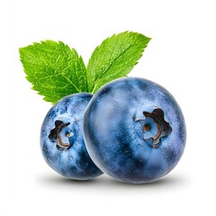 Obraz premium Fresh Blueberries with Vibrant Green Leaves on a White Background Highlighting Natural Freshness
