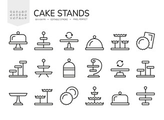 Cake stand. Line icon set. Dessert plate. Wedding, party tableware.