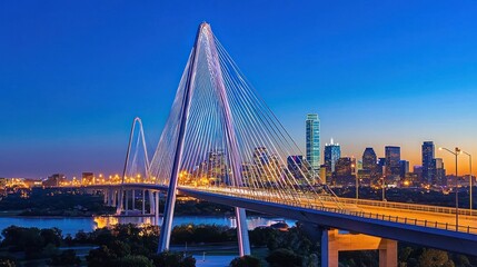 Obraz premium Modern cable-stayed bridge with vibrant city skyline and steel cable patterns