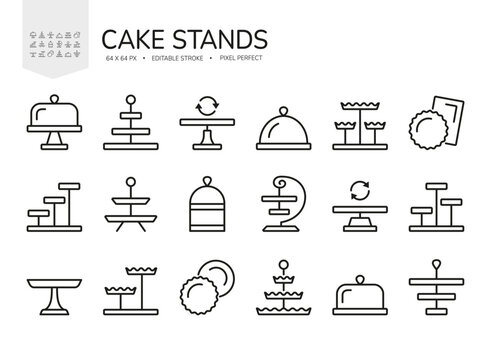 Cake stand. Line icon set. Dessert plate. Wedding, party tableware.