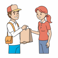 Delivery Man or Courier Handing Paper Bag with Order to Customer — Woman Receiving Package. Shipping Service and Logistics Concept. Vector Illustration.
