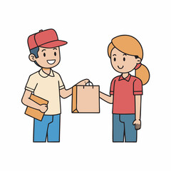 Delivery Man or Courier Handing Paper Bag with Order to Customer — Woman Receiving Package. Shipping Service and Logistics Concept. Vector Illustration.