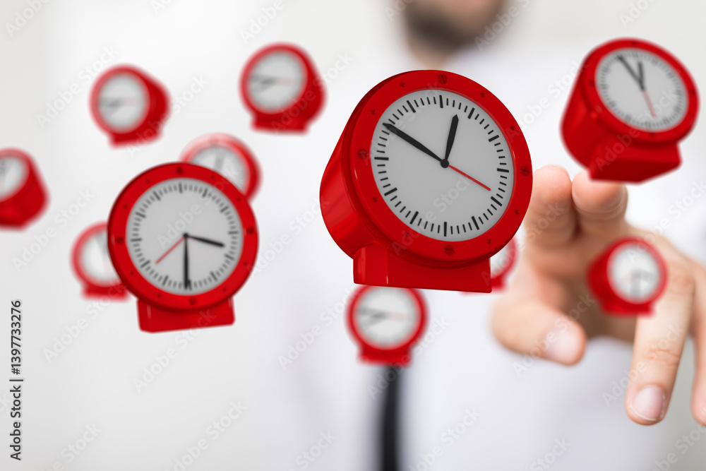 Poster Concept image of red clocks symbolizing time management, efficiency, and deadlines.