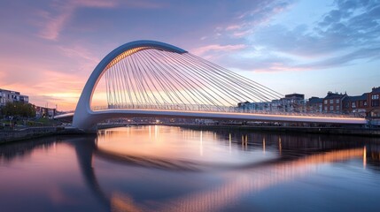 Naklejka premium Modern bridge with steel cables reflecting golden sunset light over river