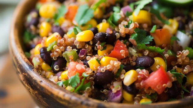 High protein black bean corn salad with quinoa fresh cilantro and a lime cumin dressing arranged stylishly