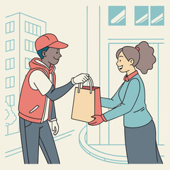Delivery Man or Courier Handing Paper Bag with Order to Customer — Woman Receiving Package. Shipping Service and Logistics Concept. Vector Illustration.