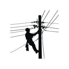 Silhouette of a Utility Worker Climbing a Power Pole &ndash; Representation of Electrical Maintenance and Safety Vector Illustration