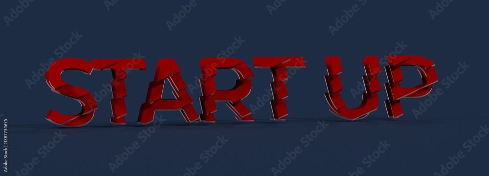 Poster modern 3d startup text. red letters on a dark blue background. ideal for business and technology con
