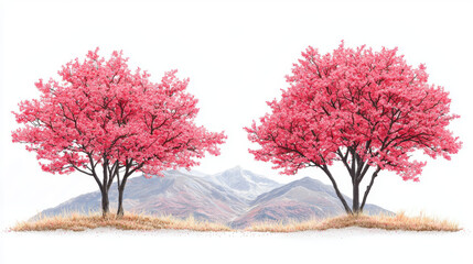 Fototapeta premium Two vibrant pink flowe trees stand gracefully on a small hill overlooking a majestic mountain range under a clear white sky.