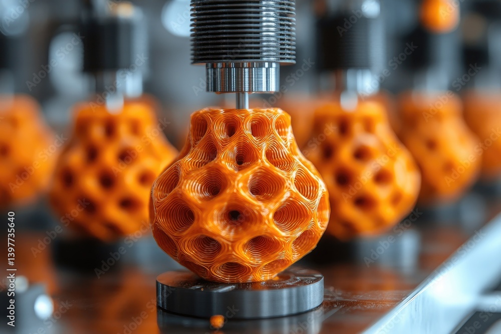 Poster close-up of 3d printed orange, organic patterned vase with more objects blurred in the background
