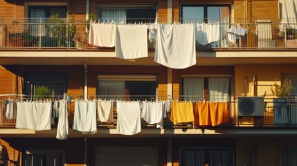 Balconies adorned with colorful laundry create vibrant urban atm