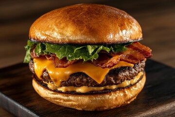 Delicious bacon cheeseburger on a wooden board