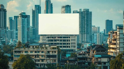 High-rise building with large white billboard standing out against city skyline