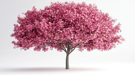 A vibrant pink flowe cherry tree blossoms beautifully against a stark white background showcasing its full glory and intricate details in a stunning 3D render.