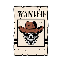 head skull cowboy wanted illustration for mascot, logo, template design, etc