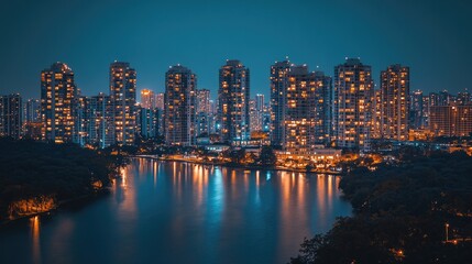 Obraz premium City skyline illuminated at night, reflecting on calm water, vib