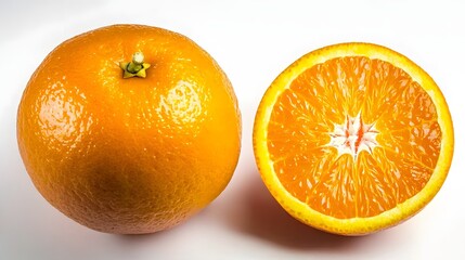 Whole And Sliced Orange Showcasing Bright Color And Juicy Interior On White Background