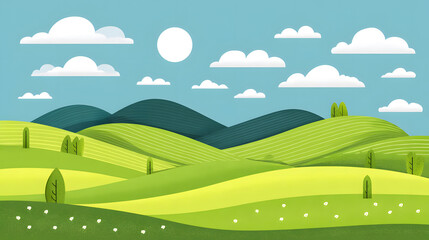 Fototapeta premium green meadow with a bright sky and soft mountain backdrop