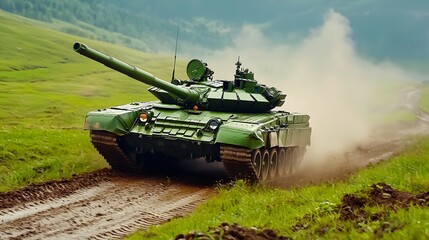 Military Tank Driving Through Dusty Terrain in Lush Green Landscape