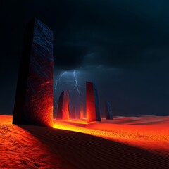 A surreal desert plain under a stormy sky red-orange sand dunes with sharp shadows remnants of an ancient alien civilization partially buried glowing runes etched into towering stone monoliths light