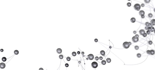 Stock photo of an abstract network connection visualization. Grey spheres connected by thin lines on a white background.