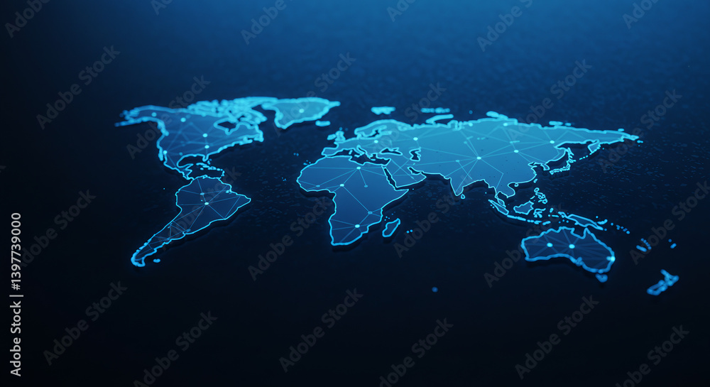 Poster global network connection illuminated world map with digital nodes and lines
