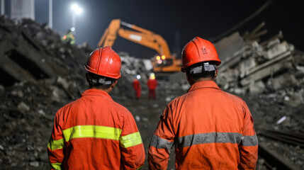 Two construction workers in safety gear observe a demolition site at night, illuminated by work lights and machinery in the background.