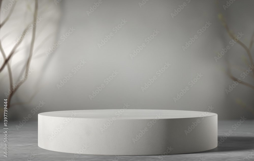 Poster simple, elegant display platform set against soft, blurred background with subtle branches, perfect 