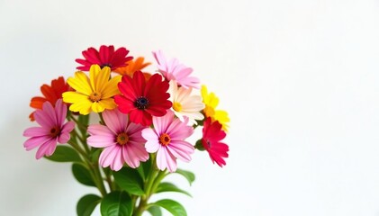 A colorful bouquet of small flowers against a plain white background, multicolored flowers, botanical photography, white background