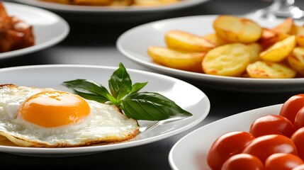 Delicious Breakfast Spread Featuring Fried Egg, Crispy Potatoes, and Fresh Tomatoes on Plates
