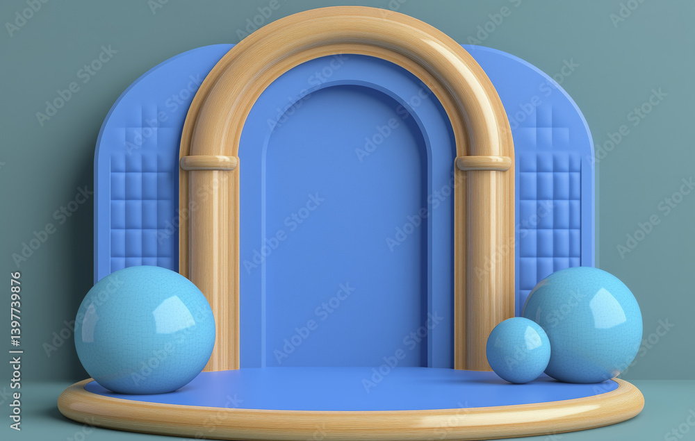 Poster minimalist blue and wooden arch display set against teal background features glossy spheres, creatin