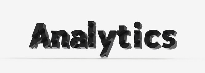 Black 3D text rendering of the word Analytics on a white background.