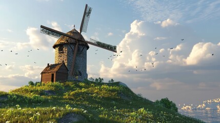 Picturesque vintage windmill atop grassy hill under a vibrant cloudy sky