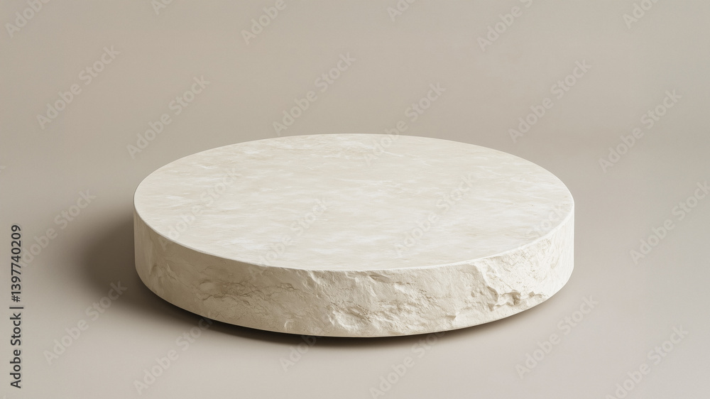 Poster simple beige background with round stone platform for product display, creating minimalist and elega