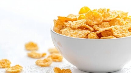 Close Up of A Bowl Filled With Golden Crispy Cereal on A White Background