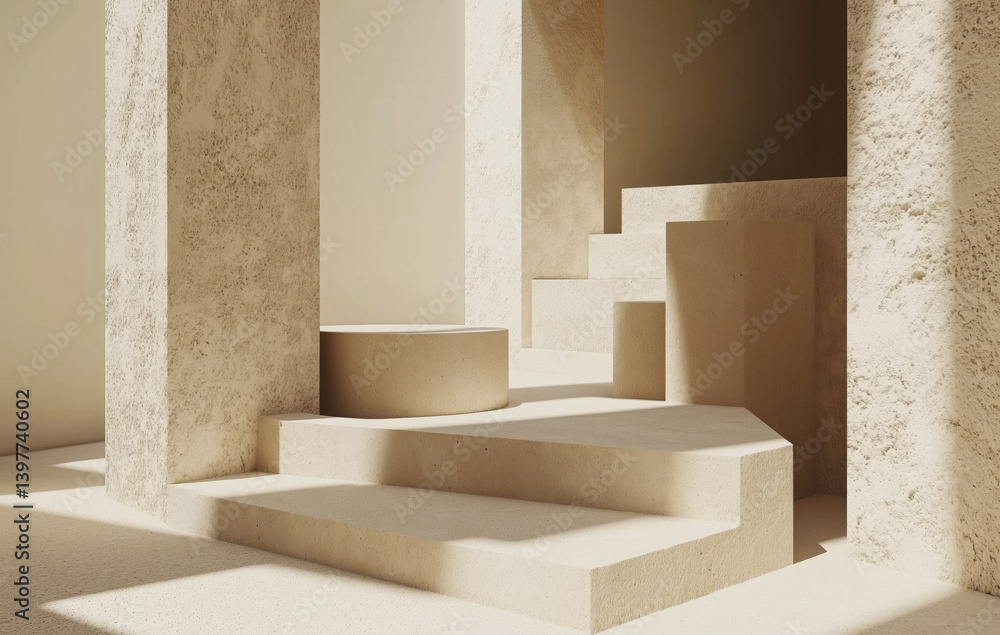 Poster minimalist beige architectural space with textured surfaces and geometric shapes creates serene atmo